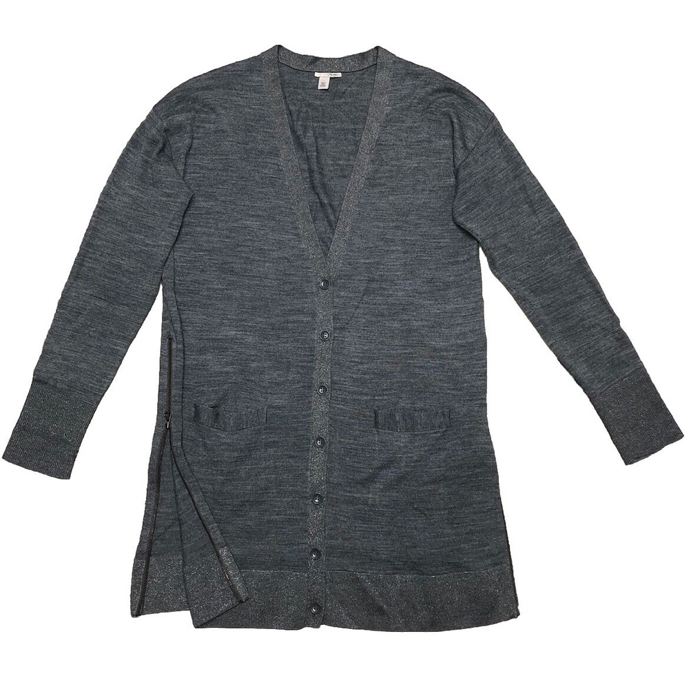 Halogen Cardigan Women's L Gray Side Zippers Wool Blend Metallic Trim